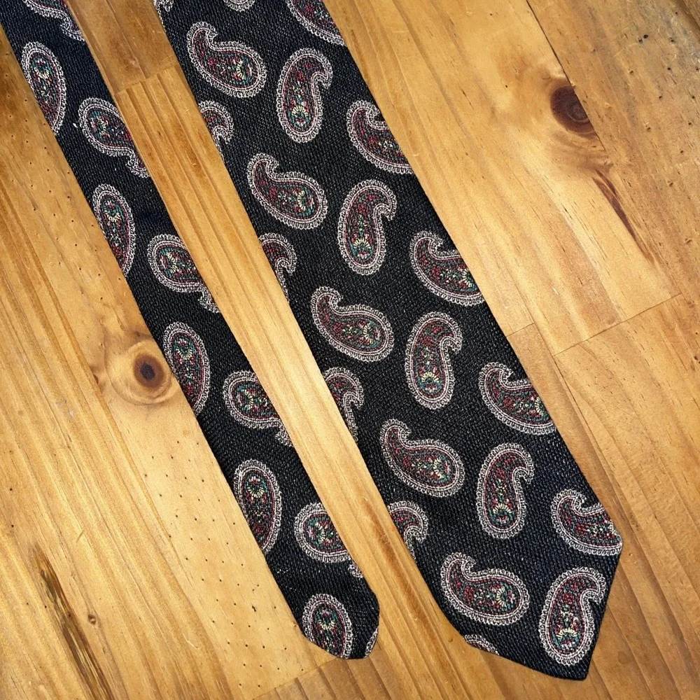 Robert Talbot Hand Sewn Necktie Men Black Linen Silk Paisley Vintage Wedding